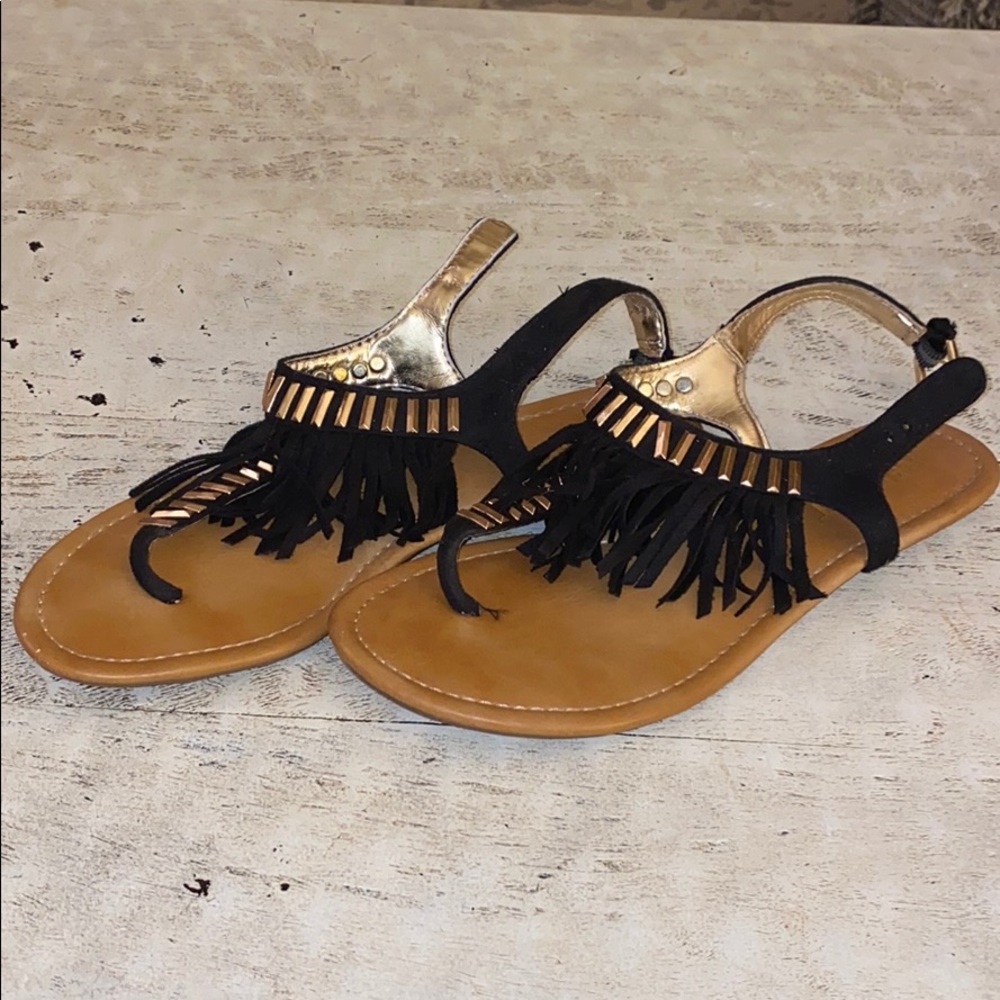 Black suede feel fringe sandals with gold accents